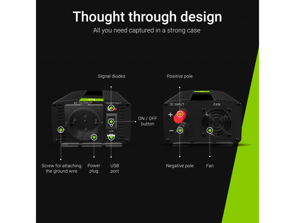 Перетворювач напруги інвертор Green Cell 12 V на 230 V 1000 W/2000 W чиста синусоїда - Зображення 6