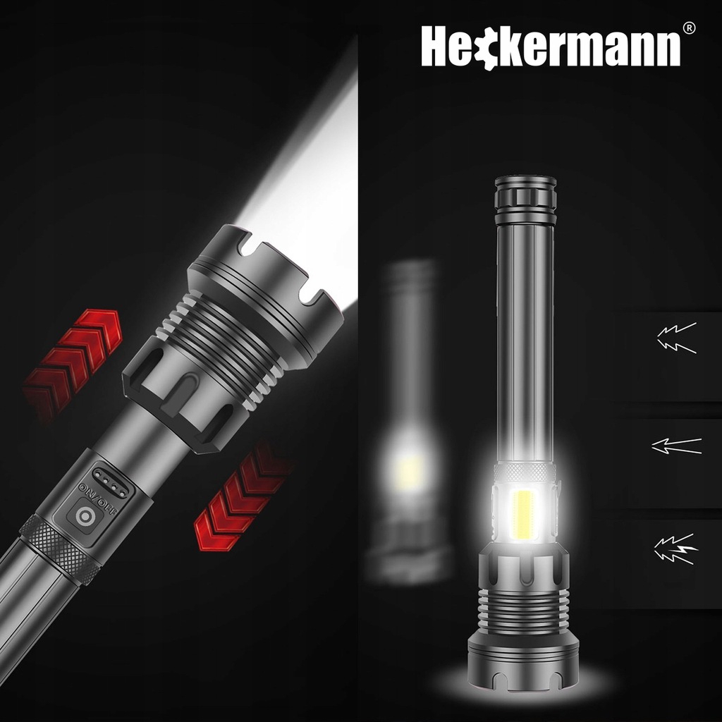 Потужний тактичний ліхтарик Heckermann 1690 LED ZOOM USB 5000 mAH 2500 lm - Зображення 10