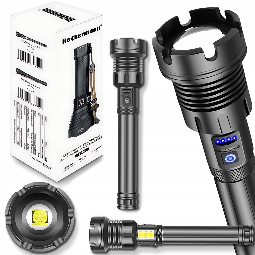 Потужний тактичний ліхтарик Heckermann 1690 LED ZOOM USB 5000 mAH 2500 lm