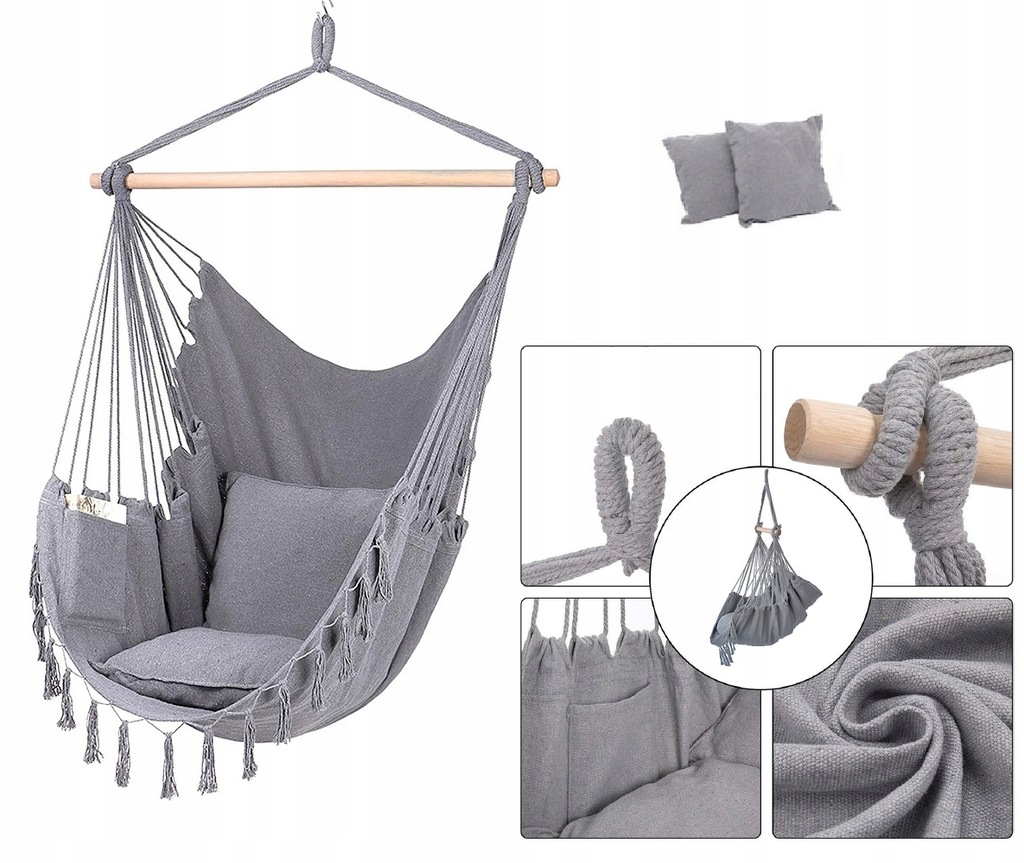 Підвісне крісло бразильський гамак BOHO 100см + 2 шт подушки Light Grey - Зображення 2