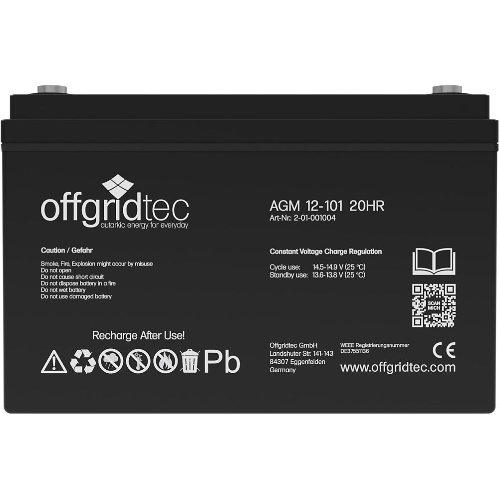 Акумулятор Offgridtec® AGM 101Ah 20HR 12V – Deep Cycle Solar Battery - Зображення 2